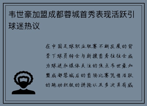 韦世豪加盟成都蓉城首秀表现活跃引球迷热议